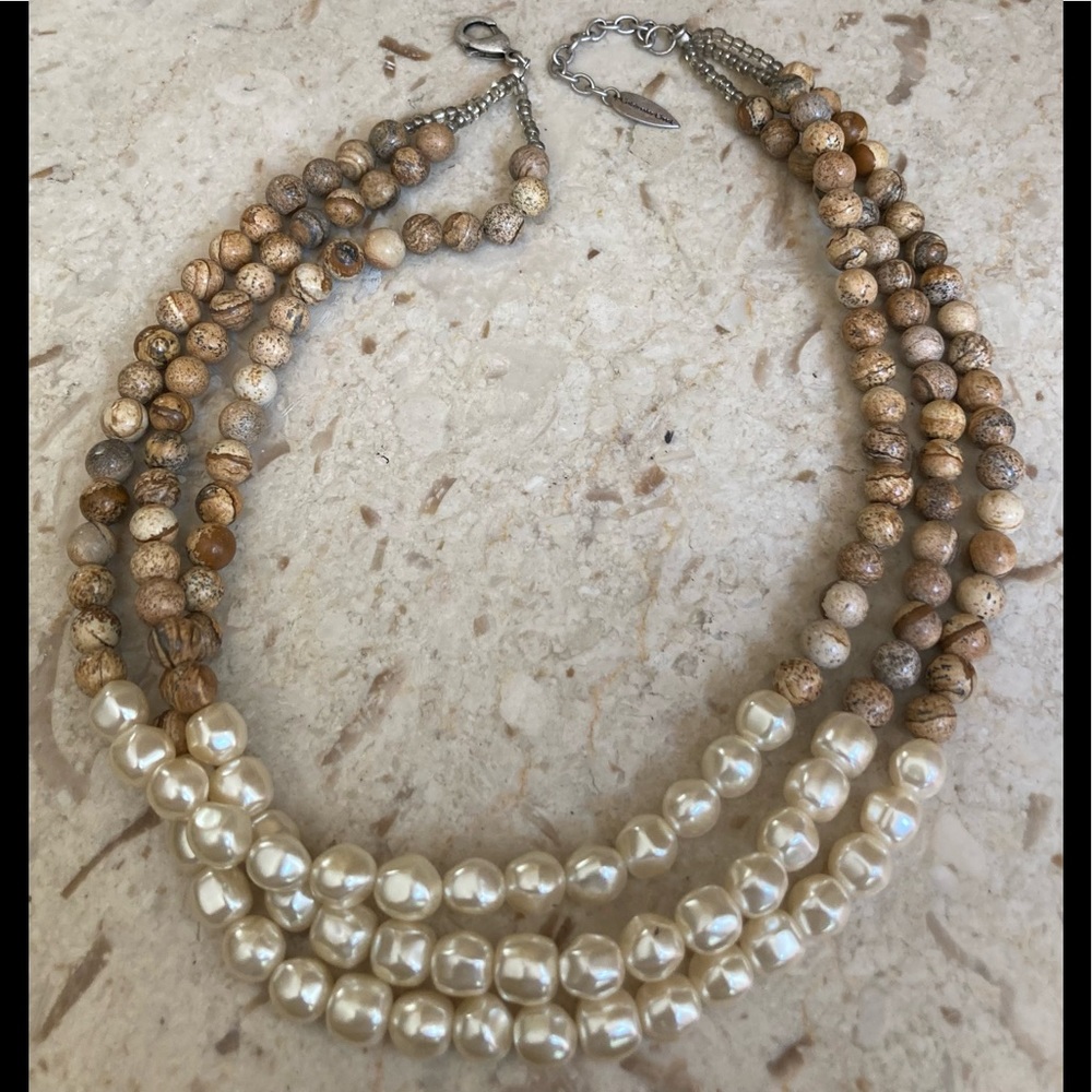 COLDWATER CREEK Triple Layer Jasper & Pearlescent Collar Necklace NWT!